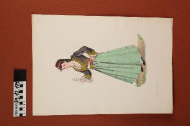 Σχέδιο - σχέδιο χειροποίητο με υδροχρώματα σε χαρτόνι. Απεικονίζει γυναίκα με παραδοσιακή φορεσιά Λευκωσίας Κύπρου