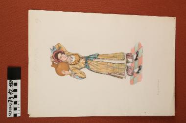 Σχέδιο - σχέδιο χειροποίητο με υδροχρώματα σε χαρτόνι. Απεικονίζει γυναίκα με παραδοσιακή φορεσιά Καρπασίας Κύπρου