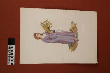 Σχέδιο - σχέδιο χειροποίητο με υδροχρώματα σε χαρτόνι. Απεικονίζει γυναίκα με παραδοσιακή φορεσιά Πάφου Κύπρου