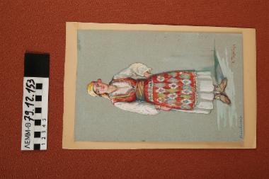 Σχέδιο - σχέδιο χειροποίητο με υδροχρώματα σε χαρτόνι. Απεικονίζει γυναίκα με παραδοσιακή φορεσιά Μακεδονίας