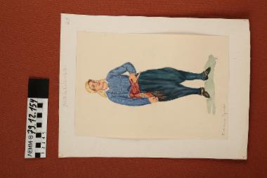 Σχέδιο - σχέδιο χειροποίητο με υδροχρώματα σε χαρτόνι. Απεικονίζει άνδρα με παραδοσιακή φορεσιά Αρναίας Χαλκιδικής