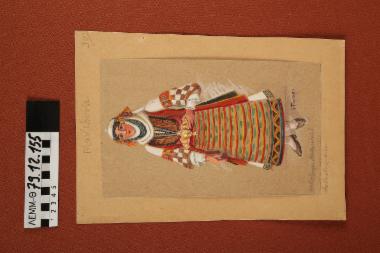 Σχέδιο - σχέδιο χειροποίητο με υδροχρώματα σε χαρτόνι. Απεικονίζει γυναίκα με παραδοσιακή φορεσιά Ασβεστοχωρίου Θεσσαλονίκης