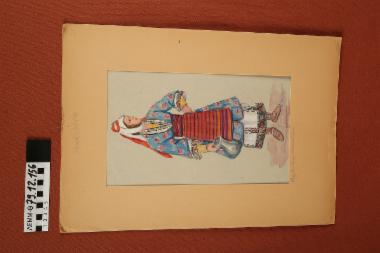 Σχέδιο - σχέδιο χειροποίητο με υδροχρώματα σε χαρτόνι. Απεικονίζει γυναίκα με παραδοσιακή φορεσιά από το Βελβενδό Μακεδονίας