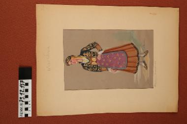 Σχέδιο - σχέδιο χειροποίητο με υδροχρώματα σε χαρτόνι. Απεικονίζει γυναίκα με παραδοσιακή φορεσιά από τη Βέροια Μακεδονίας