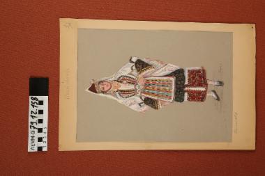 Σχέδιο - σχέδιο χειροποίητο με υδροχρώματα σε χαρτόνι. Απεικονίζει γυναίκα με παραδοσιακή φορεσιά Επισκοπής Μακεδονίας