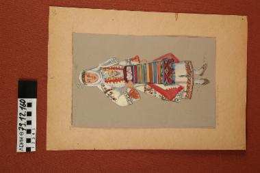 Σχέδιο - σχέδιο χειροποίητο με υδροχρώματα σε χαρτόνι. Απεικονίζει γυναίκα με παραδοσιακή φορεσιά Καπουτζήδας Θεσσαλονίκης
