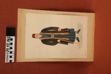 Σχέδιο - σχέδιο χειροποίητο με υδροχρώματα σε χαρτόνι. Απεικονίζει άνδρα με παραδοσιακή φορεσιά Καστοριάς Μακεδονίας
