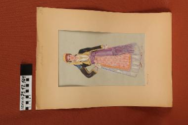 Σχέδιο - σχέδιο χειροποίητο με υδροχρώματα σε χαρτόνι. Απεικονίζει γυναίκα με παραδοσιακή φορεσιά Νάουσας Μακεδονίας