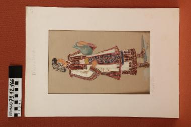 Σχέδιο - σχέδιο χειροποίητο με υδροχρώματα σε χαρτόνι. Απεικονίζει γυναίκα με παραδοσιακή φορεσιά από τα Χάσια Μακεδονίας