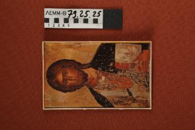 Κάρτα - κάρτα δίπτυχη με τμήμα εικόνας βυζαντινής αγιογραφίας με τη μορφή του Ιησού στο εξώφυλλο και χειρόγραφη ευχετήρια σημείωση στο εσωτερικό, του Αρχιεπισκόπου Κύπρου Μακάριου