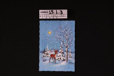 Κάρτα - καρτ ποστάλ χριστουγεννιάτικη με εκτύπωση χιονισμένου τοπίο με ελαφάκι