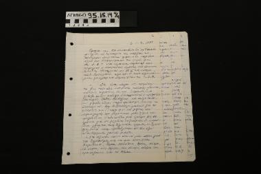 Χειρόγραφο κείμενο ομιλίας - τέσσερα φύλλα αναφοράς με χειρόγραφο κείμενο ομιλίας του μουσικοσυνθέτη Γιάννη Παπαδημητρίου στην έναρξη των επιδείξεων παραδοσιακών χορών και τραγουδιών της Ελλάδος στη Δ.Ε.Θ, το 1957. Αναφέρεται στο έργο του χοροδιδασκάλου κ