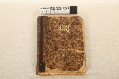 Βιβλίο - βιβλίο με σκληρό εξώφυλλο καφέ-μπεζ και δερμάτινη ράχη που φέρει τίτλο με χρυσαφί γράμματα 