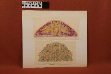 Σχέδια σκούφιας - δύο σχέδια σε χαρτόνι που απεικονίζουν χρυσοκέντητες σκούφιες από το Καστελλόριζο