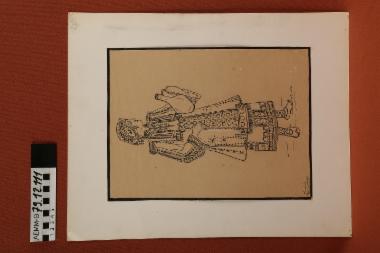 Σχέδιο - σχέδιο, στο οποίο απεικονίζεται γυναίκα με στάμνα και παραδοσιακή φορεσιά Χασιών Θεσσαλονίκης