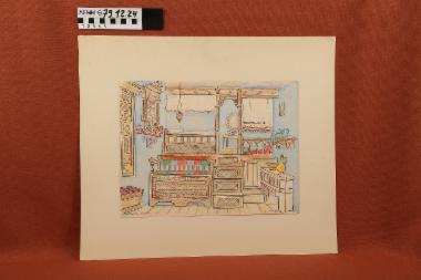 Σχέδιο - έγχρωμο σχέδιο στο οποίο απεικονίζεται η σάλα και η κάμαρα παραδοσιακής κατοικίας της Καρπάθου