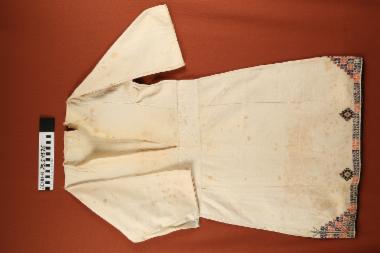 Πουκάμισο - γυναικείο, υφαντό, βαμβακερό μακρύ πουκάμισο με μακριά μανίκια και κεντημένο ποδόγυρο