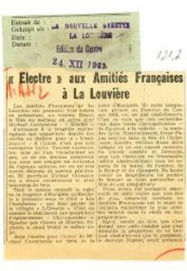 «Electre» aux Amitiés Françaises à La Louviére