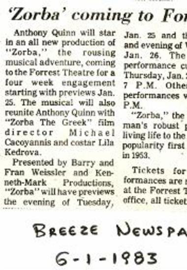 Zorba coming to Forrest