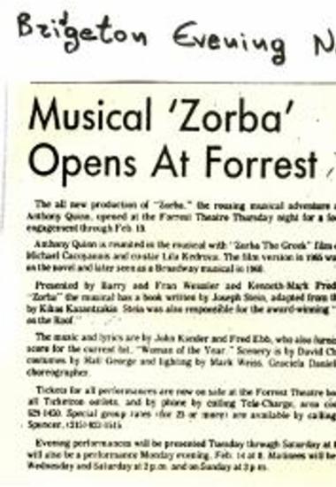 Musical Zorba Opens At Forrest