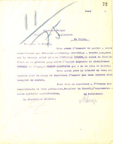 Letter from the Board of Directors of the Gymnastics Association of Iraklis Thessaloniki to the British Vice Consul Morgan on March 1914