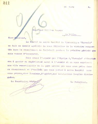 Letter from the Board of Directors of the Gymnastics Association of Iraklis Thessaloniki to William Pearce
