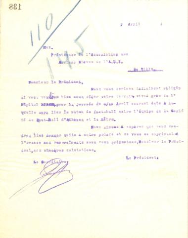 Letter of the Board of Directors of the Gymnastics Association of Iraklis Thessaloniki to the President of the Association of Ancient Students of the World Jewish Union, on April 3, 1914