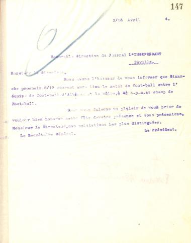 Επιστολή του Διοικητικού Συμβουλίου του Γυμναστικού Συλλόγου του Ηρακλή Θεσσαλονίκης προς τον διευθυντή του περιοδικού La Independant