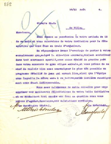 Reply letter from the Board of Directors of the Gymnastics Association of Iraklis Thessaloniki to Olympic Stade, on August 10, 1914