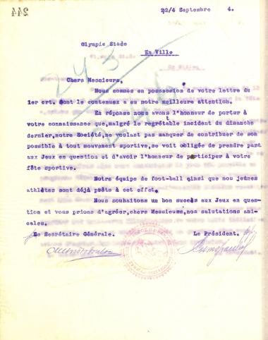 Απαντητική επιστολή του Διοικητικού Συμβουλίου του Γυμναστικού Συλλόγου του Ηρακλή Θεσσαλονίκης προς την Olympic Stade, στις 22 Σεπτεμβρίου του 1914