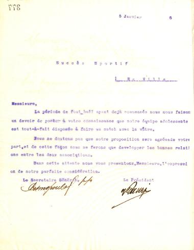 Επιστολή του Διοικητικού Συμβουλίου του Γυμναστικού Συλλόγου του Ηρακλή Θεσσαλονίκης, στις 5 Ιανουαρίου του 1915, προς της ποδοσφαιρική ομάδα της Succes Sportif της Θεσσαλονίκης