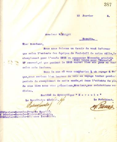 Letter from the Board of Directors of the Gymnastic Association of Iraklis Thessaloniki to W. H. Wright in Kavala, on January 12, 1915