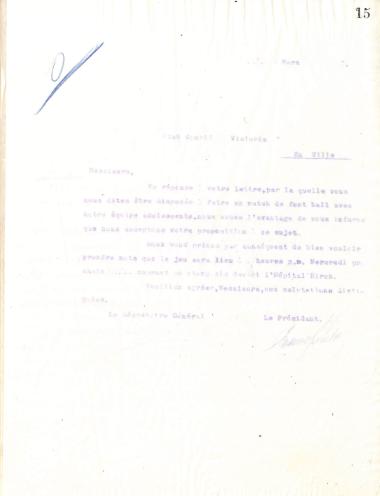 Letter of the Board of Directors of the Gymnastic Association of Iraklis Thessaloniki, in March 1915, to the football team of Sportif Victoria of Thessaloniki