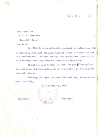 Letter of gratitude from the Board of Directors of the Gymnastic Association of Iraklis Thessaloniki, on March 16, 1916, to the referee of the football team of the British warship ''HMS Exmouth''
