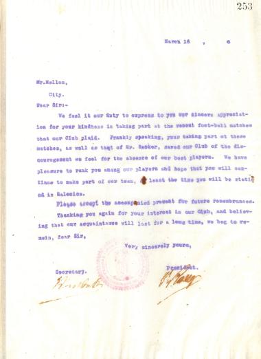 Ευχαριστήρια επιστολή του Διοικητικού Συμβουλίου του Γυμναστικού Συλλόγου του Ηρακλή Θεσσαλονίκης, στις 16 Μαρτίου 1916, προς τον κύριο Mellon, ναυτικό του βρετανικού πολεμικού ναυτικού