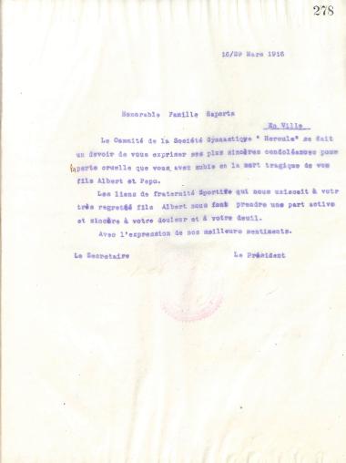 Συλλυπητήρια επιστολή του Διοικητικού Συμβουλίου του Γυμναστικού Συλλόγου του Ηρακλή Θεσσαλονίκης, στις 16 Μαρτίου 1916, προς την Οικογένεια Saporta