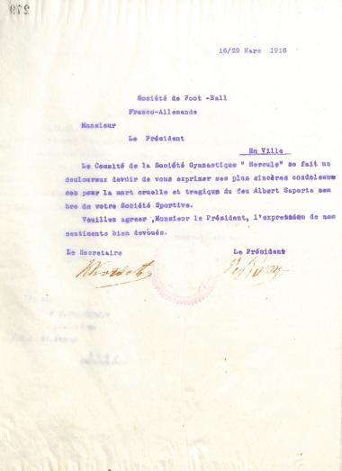 Letter of condolence from the Board of Directors of the Gymnastic Association of Iraklis Thessaloniki, on March 16, 1916, to the Football Association of the Franco-Germanic School of Thessaloniki, on the loss of Albert Saporta