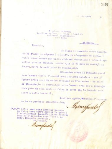 Letter of the Board of Directors of the Gymnastic Association of Iraklis Thessaloniki, on October 13, 1916, to A. Morin, Quartermaster of the French Warship ''Charlemagne''