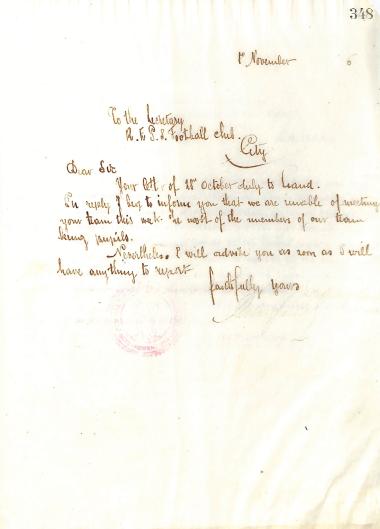 Letter of the Board of Directors of the Gymnastic Association of Iraklis Thessaloniki, on November 1, 1916, to the Secretary of the Football Team of the British Army Reserves