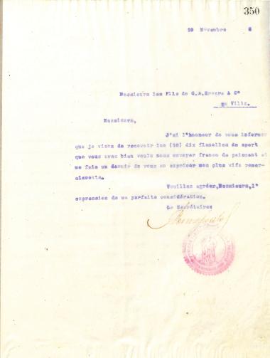Letter of the Board of Directors of the Gymnastic Association of Iraklis Thessaloniki, on November 10, 1916, to the Sons of G. E. Errera & Co.