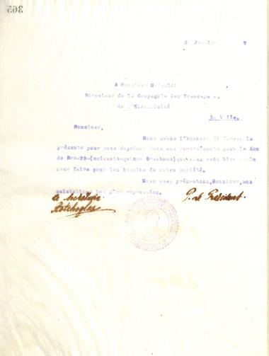 Επιστολή του Διοικητικού Συμβουλίου του Γυμναστικού Συλλόγου του Ηρακλή Θεσσαλονίκης, στις 2 Ιανουαρίου 1917, προς τον κύριο Grimaldi, Διευθυντή της Εταιρείας Ηλεκτρισμού Θεσσαλονίκης