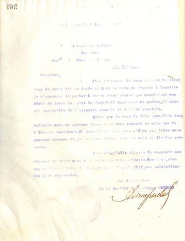 Letter of the Board of Directors of the Gymnastic Association of Iraklis Thessaloniki, on January 6, 1917, to H. Rambi, a member of the crew of the Naval Armoury ''Beau Rivage'' of the French Navy
