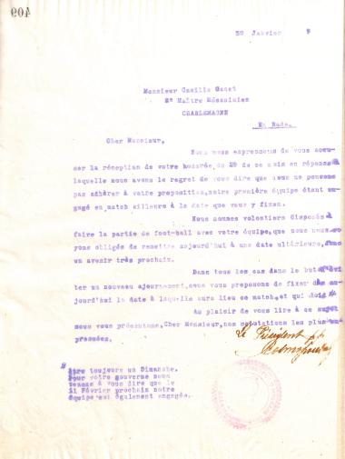 Letter of the Board of Directors of the Gymnastic Association of Iraklis Thessaloniki, on January 30, 1917, to Camille Ganet, Petty Officer of the French Warship ''Charlemagne''