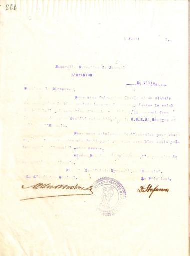 Επιστολή του Διοικητικού Συμβουλίου του Γυμναστικού Συλλόγου του Ηρακλή Θεσσαλονίκης, στις 5 Απριλίου 1917, προς τη Διεύθυνση της Γαλλόφωνης Εφημερίδας της Θεσσαλονίκης ''L'Opinion''
