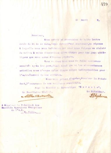 Επιστολή του Διοικητικού Συμβουλίου του Γυμναστικού Συλλόγου του Ηρακλή Θεσσαλονίκης, στις 27 Απριλίου 1917, προς τον Πρόεδρο της Αθλητικής Κοινότητας της Γαλλικής Στρατιάς της Ανατολής