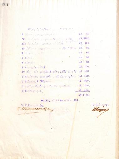Πίνακας καταγραφής της αξίας των αθλητικών οργάνων του Γυμναστικού Συλλόγου του Ηρακλή Θεσσαλονίκης, με ημερομηνία 17 Απριλίου 1917