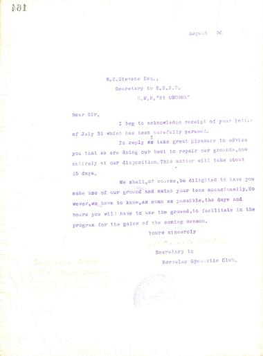 Letter of the Board of Directors of the Gymnastic Association of Iraklis Thessaloniki, on August 3, 1918, to W. C. Stevens, Secretary to the Senior Naval Officer of the British Warship ''H.M.S. St. George''