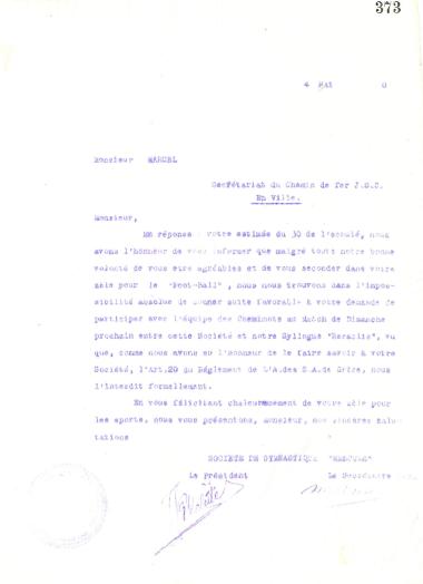 Letter of the Board of Directors of the Gymnastic Association of Iraklis Thessaloniki, on May 4, 1920, to the Railway Company ''Chemin de fer de la Jonction Salonique - Constantinople''