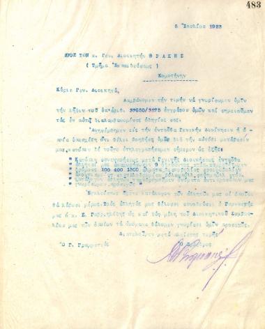 Letter of the Board of Directors of the Gymnastic Association of Iraklis Thessaloniki, on July 5, 1923, to the General Governor of Thrace (Department of Education)