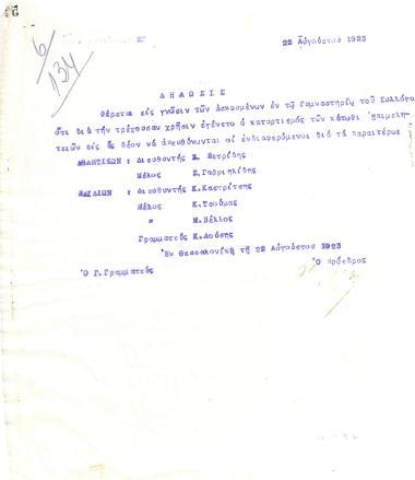 Δήλωση του Διοικητικού Συμβουλίου του Γυμναστικού Συλλόγου του Ηρακλή Θεσσαλονίκης, στις 22 Αυγούστου 1923, αναφορικά με τις επιμελητείες του γυμναστηρίου του συλλόγου